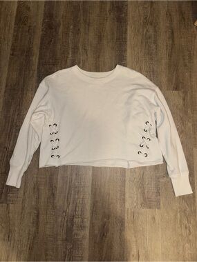 aerie White Lace-Up Side Crop Crewneck Sweatshirt